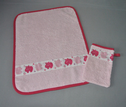 essuie main gant de toilette bebe enfant hippo rose