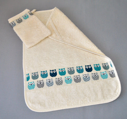 essuie main gant de toilette bebe enfant hiboux bleu et gris