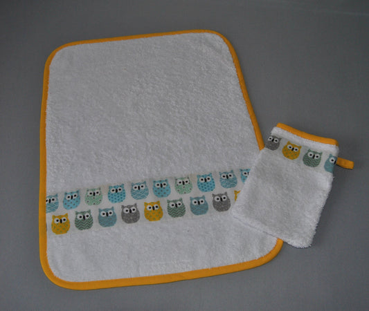 essuie main gant de toilette bebe enfant hiboux jaune et gris