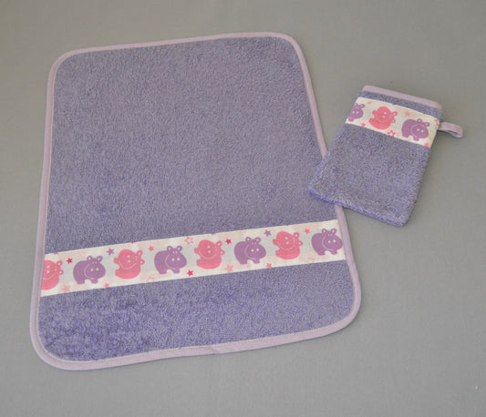 essuie main gant de toilette bebe enfant hippo violet